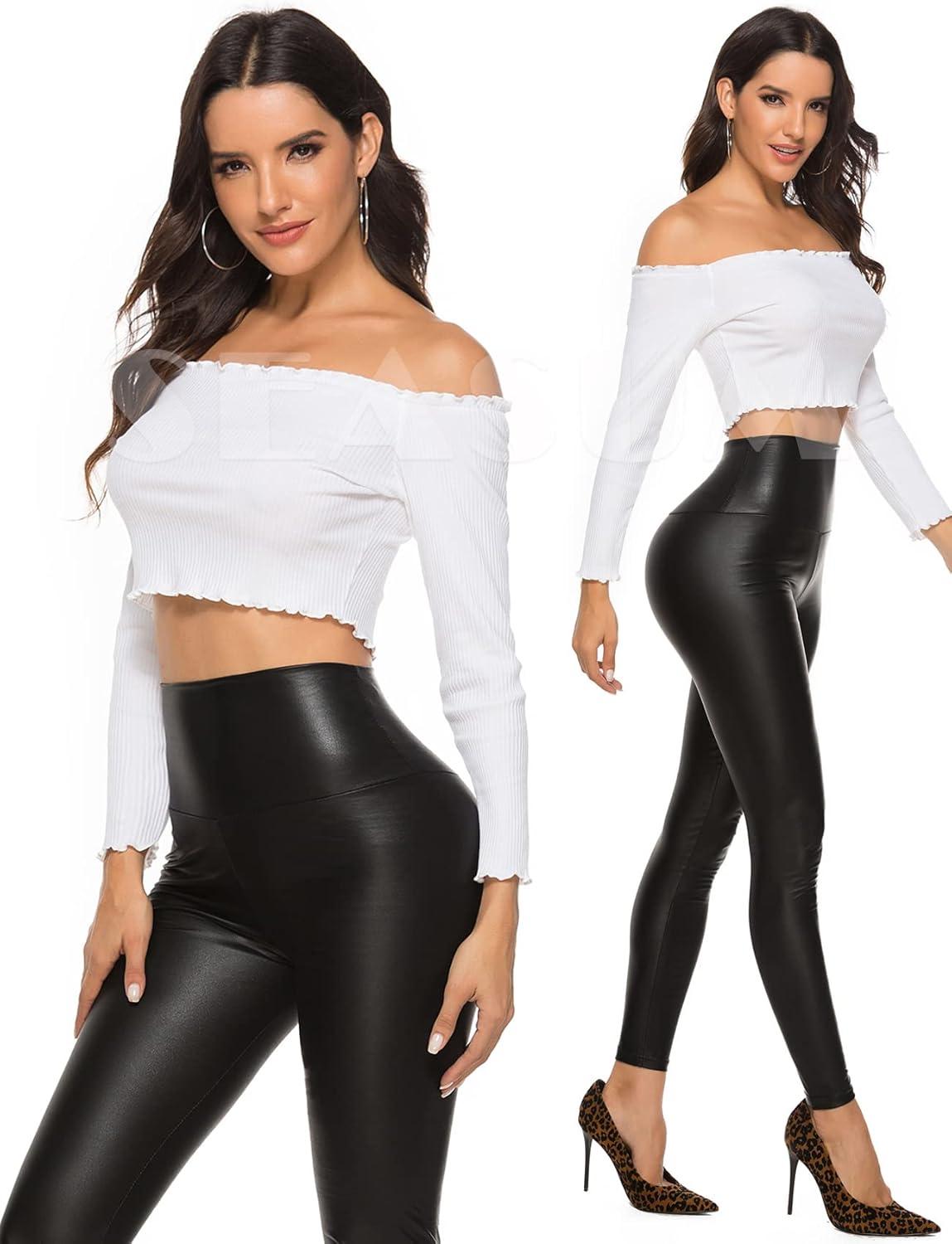 imageSEASUM Faux Leather Leggings for Women Stretchy High Waisted Butt Lifting Black Pleather Pants Outfit Sexy PU Leggings Tights2 Basic Matte Black No Fleece