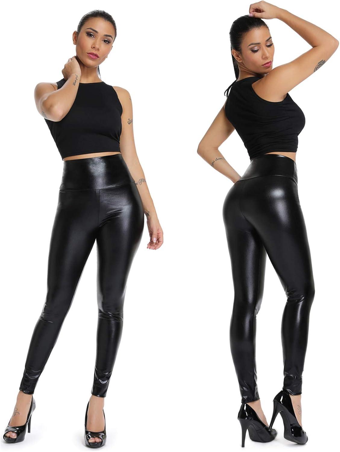 imageSEASUM Faux Leather Leggings for Women Stretchy High Waisted Butt Lifting Black Pleather Pants Outfit Sexy PU Leggings Tights2 Basic Shiny Black No Fleece