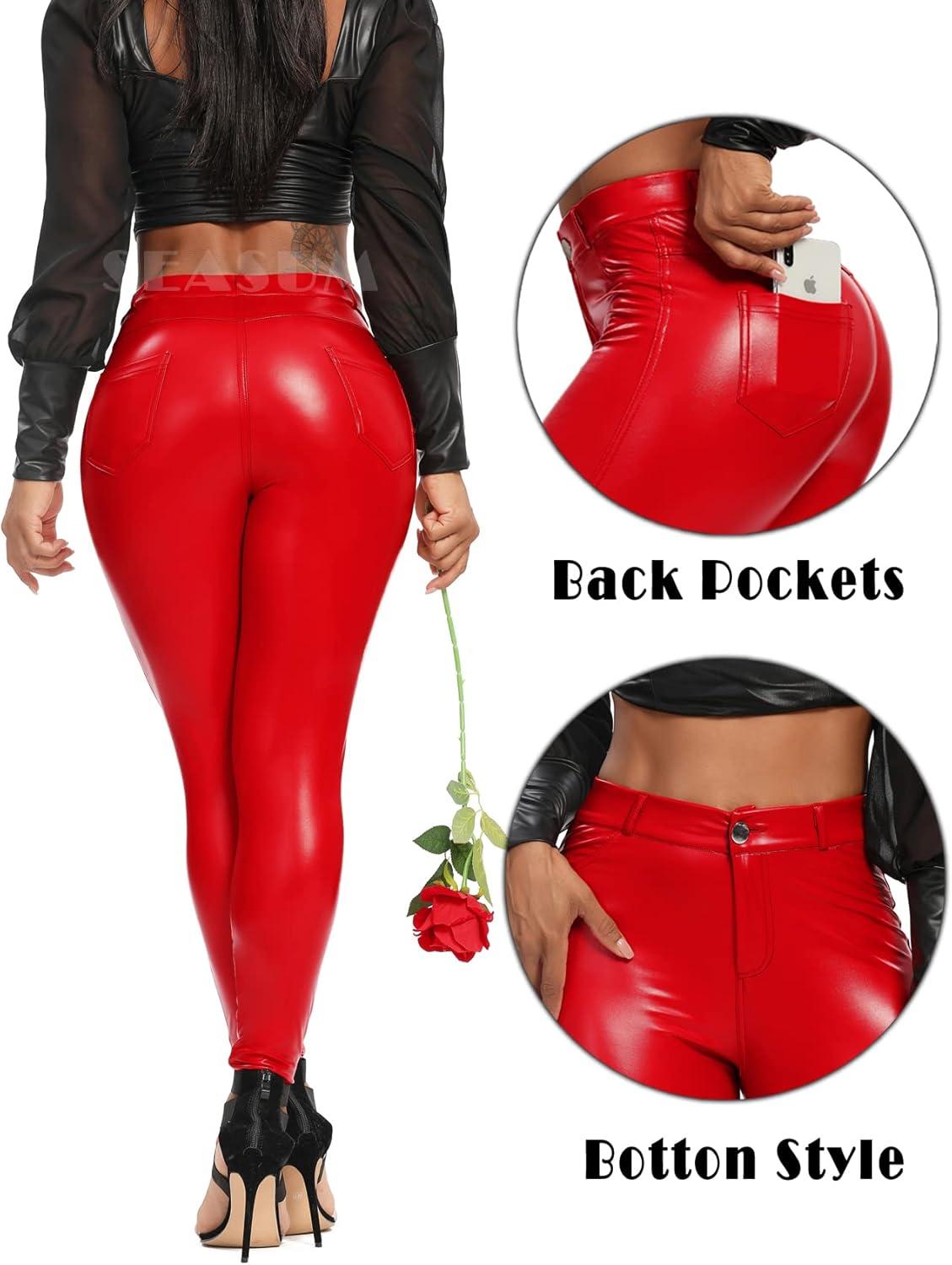 imageSEASUM Faux Leather Leggings for Women Stretchy High Waisted Butt Lifting Black Pleather Pants Outfit Sexy PU Leggings Tights7 Back Pocket Red
