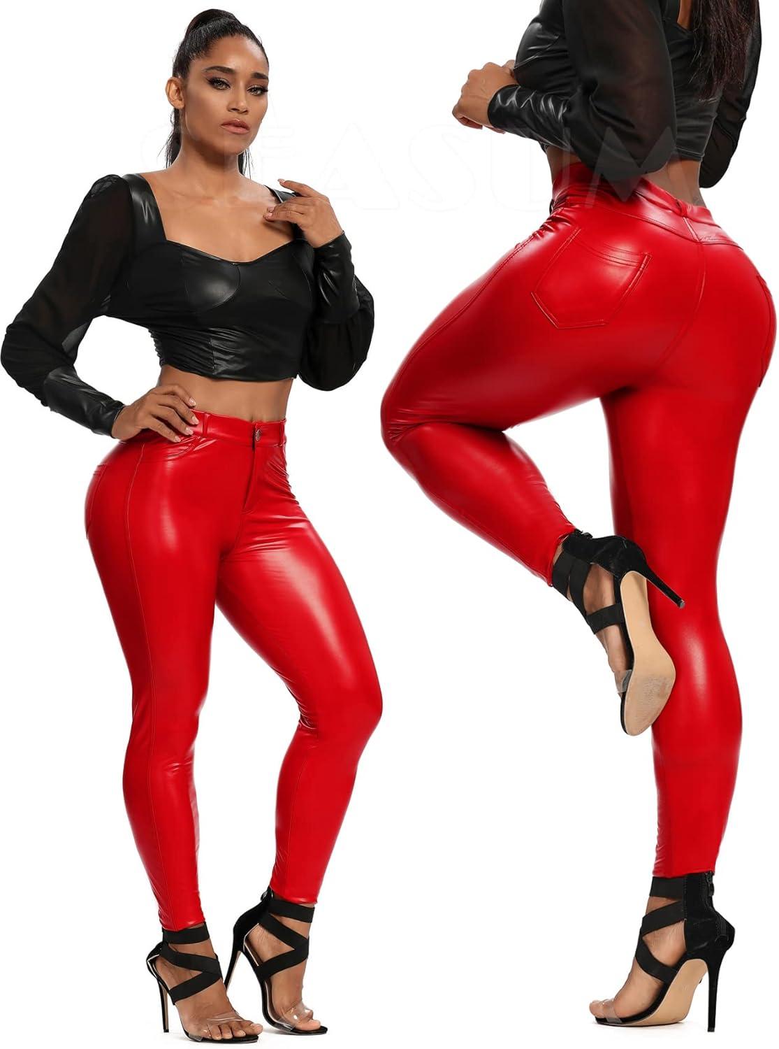 imageSEASUM Faux Leather Leggings for Women Stretchy High Waisted Butt Lifting Black Pleather Pants Outfit Sexy PU Leggings Tights7 Back Pocket Red