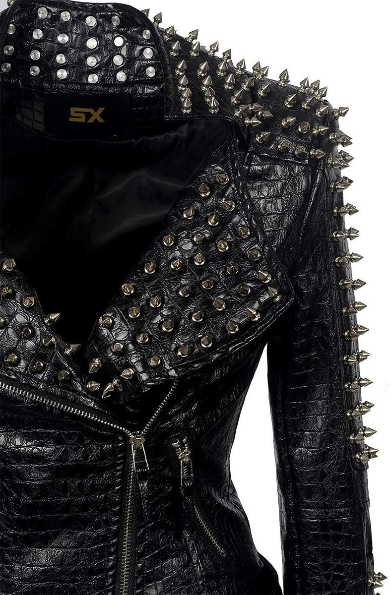 imageSX Women Punk Faux Leather PU Black Jacket Studded Rivet Fashion Streetwear Motorcycle CoatBlack