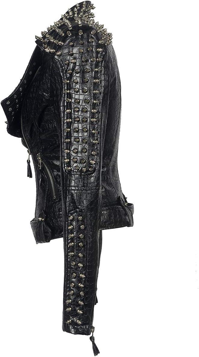 imageSX Women Punk Faux Leather PU Black Jacket Studded Rivet Fashion Streetwear Motorcycle CoatBlack