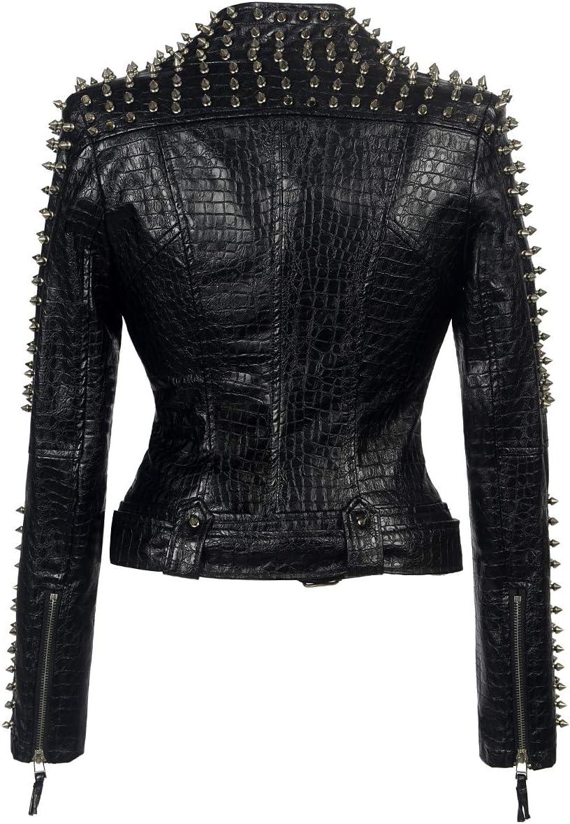 imageSX Women Punk Faux Leather PU Black Jacket Studded Rivet Fashion Streetwear Motorcycle CoatBlack