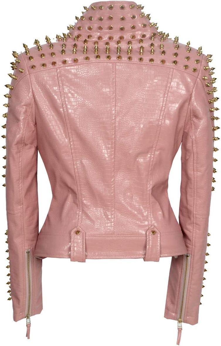 imageSX Women Punk Faux Leather PU Black Jacket Studded Rivet Fashion Streetwear Motorcycle CoatPink