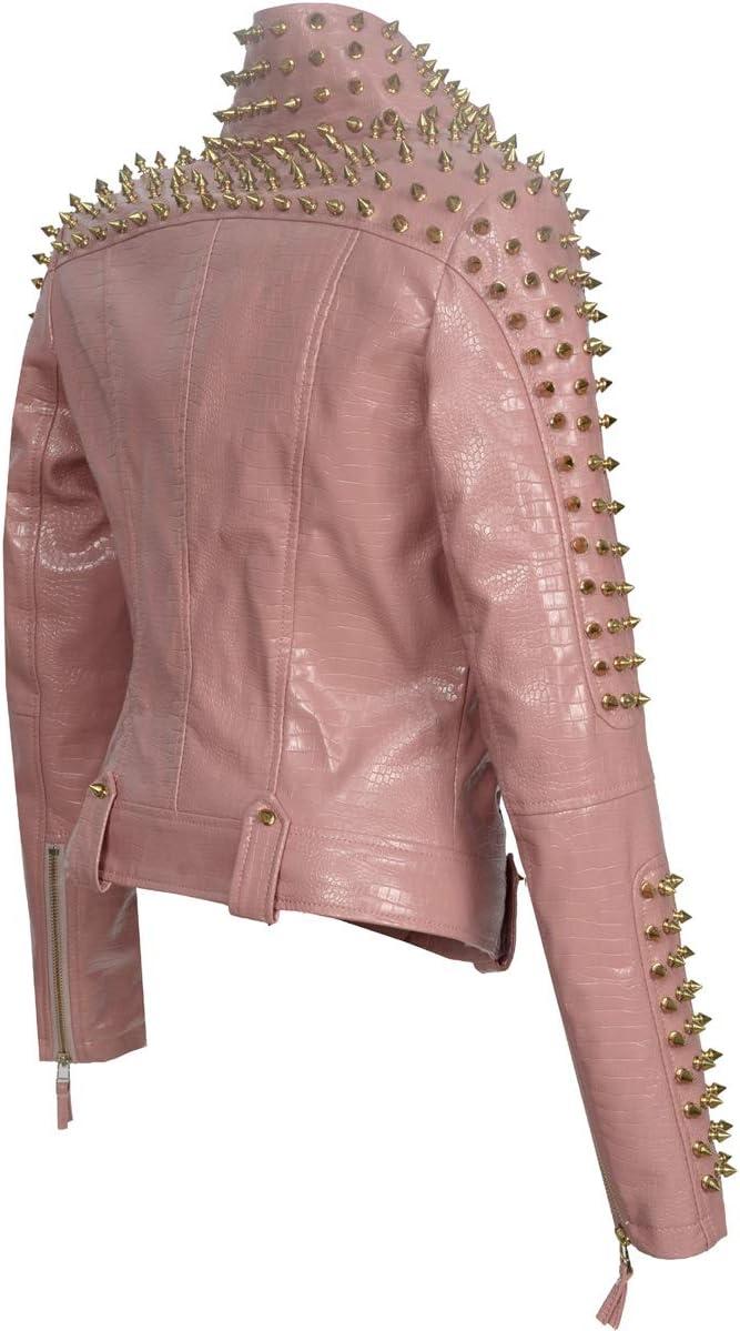 imageSX Women Punk Faux Leather PU Black Jacket Studded Rivet Fashion Streetwear Motorcycle CoatPink