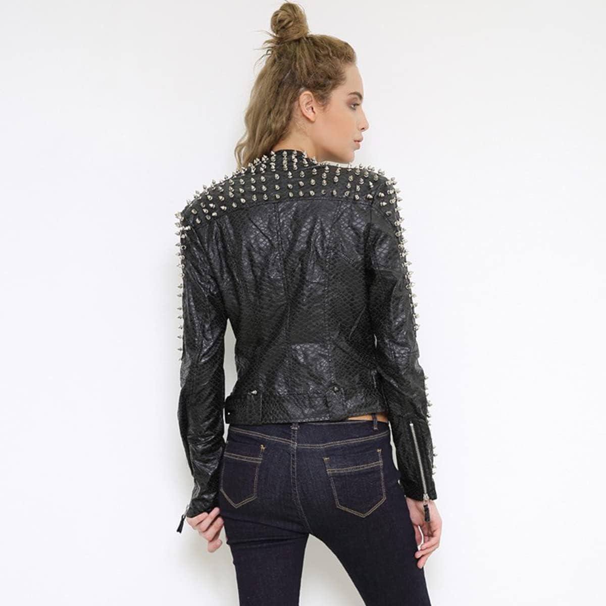 imageSX Women Punk Faux Leather PU Black Jacket Studded Rivet Fashion Streetwear Motorcycle CoatPu Black