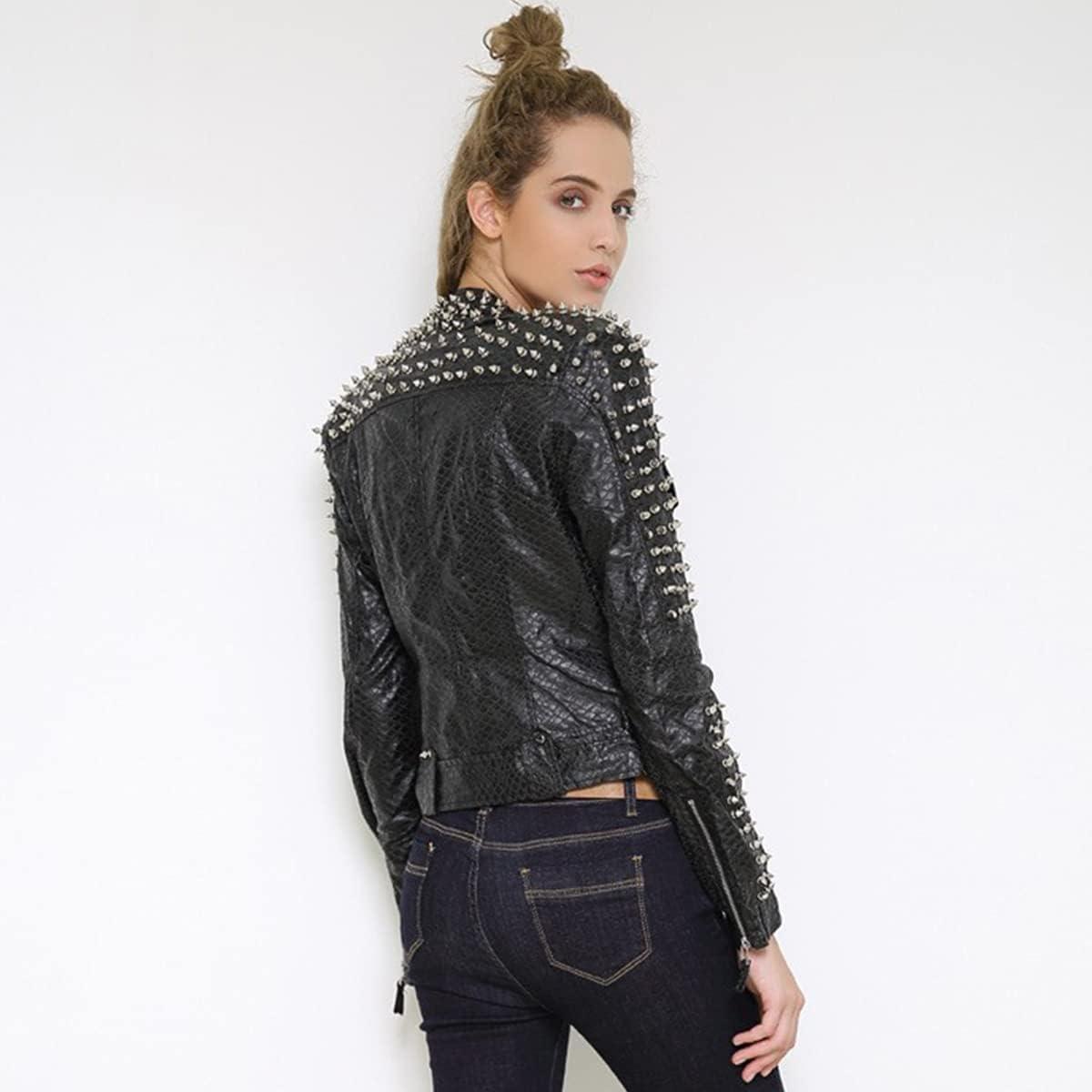 imageSX Women Punk Faux Leather PU Black Jacket Studded Rivet Fashion Streetwear Motorcycle CoatPu Black