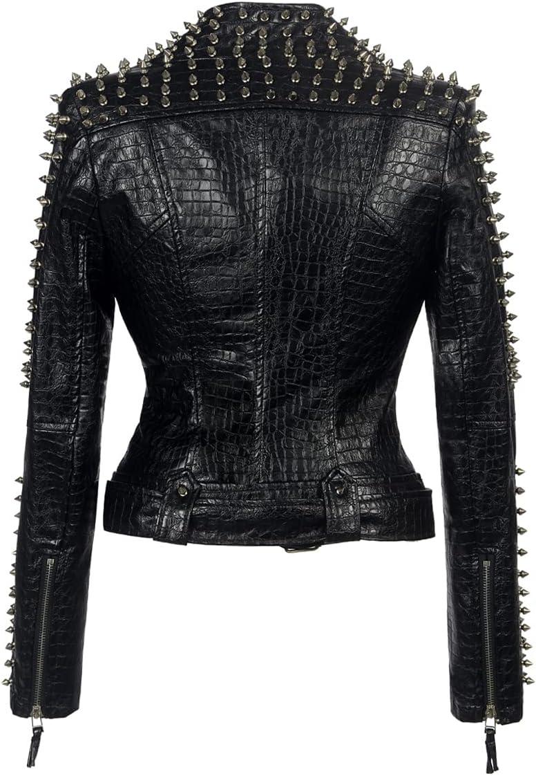imageSX Women Punk Faux Leather PU Black Jacket Studded Rivet Fashion Streetwear Motorcycle CoatPu Black
