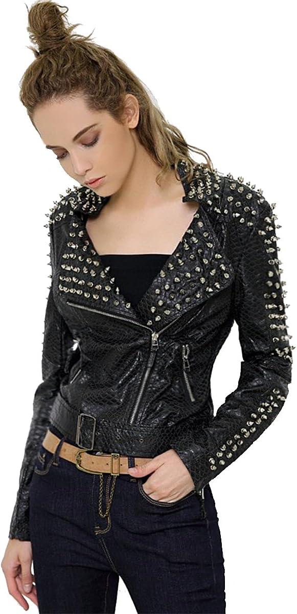 imageSX Women Punk Faux Leather PU Black Jacket Studded Rivet Fashion Streetwear Motorcycle CoatPu Black