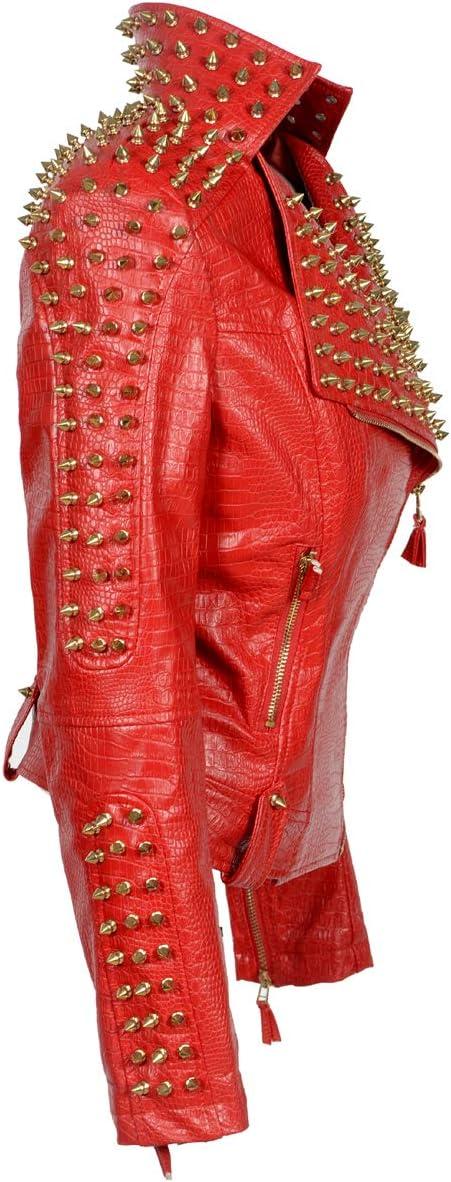 imageSX Women Punk Faux Leather PU Black Jacket Studded Rivet Fashion Streetwear Motorcycle CoatRed