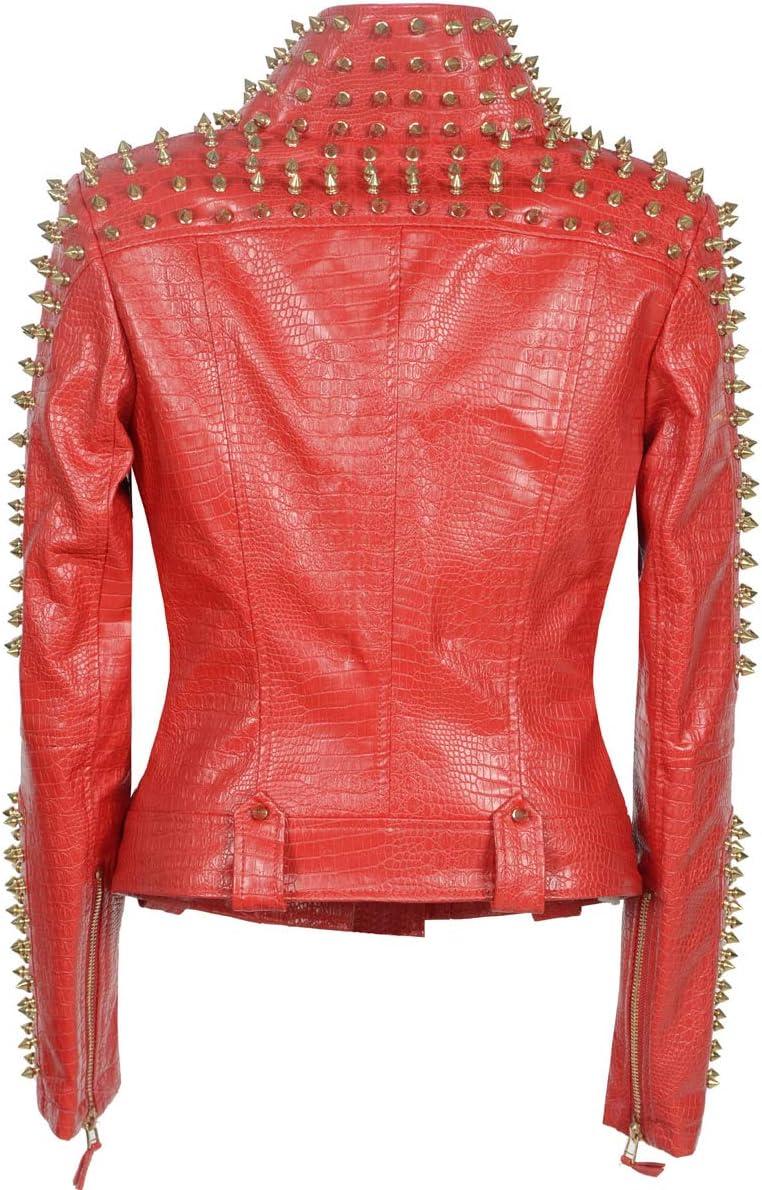 imageSX Women Punk Faux Leather PU Black Jacket Studded Rivet Fashion Streetwear Motorcycle CoatRed
