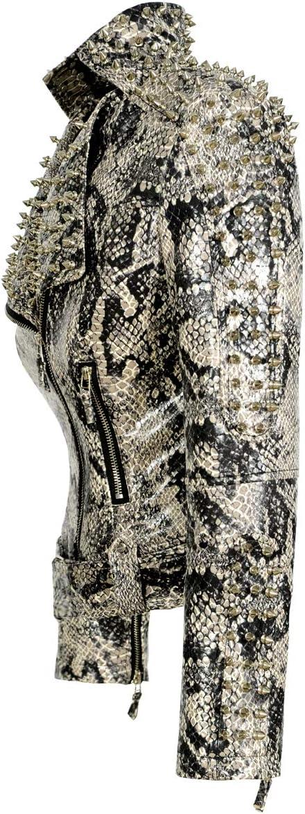 imageSX Women Punk Faux Leather PU Black Jacket Studded Rivet Fashion Streetwear Motorcycle CoatSnakeskincolor