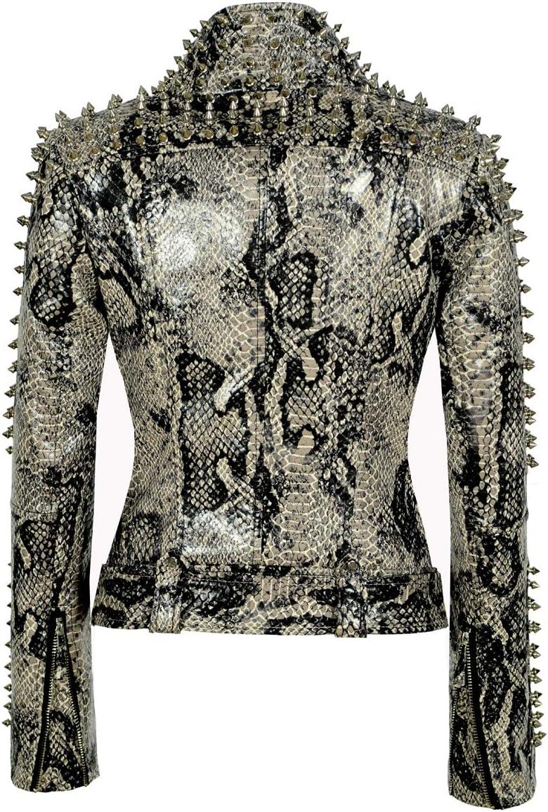imageSX Women Punk Faux Leather PU Black Jacket Studded Rivet Fashion Streetwear Motorcycle CoatSnakeskincolor