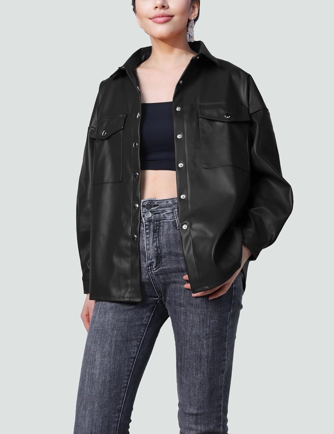 imageSeekMe Womens PU Leather Jacket Shacket Button Down Lapel Blazer Coat with Bust PocketBlack