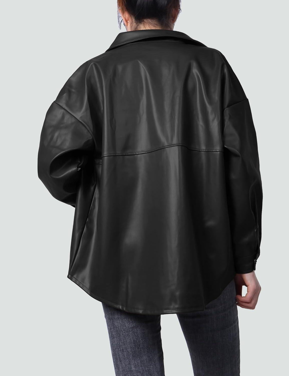 imageSeekMe Womens PU Leather Jacket Shacket Button Down Lapel Blazer Coat with Bust PocketBlack