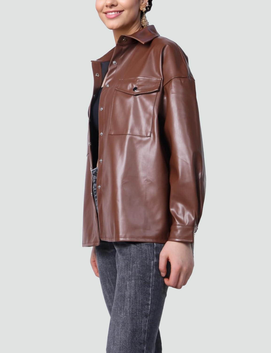 imageSeekMe Womens PU Leather Jacket Shacket Button Down Lapel Blazer Coat with Bust PocketDarkbrown