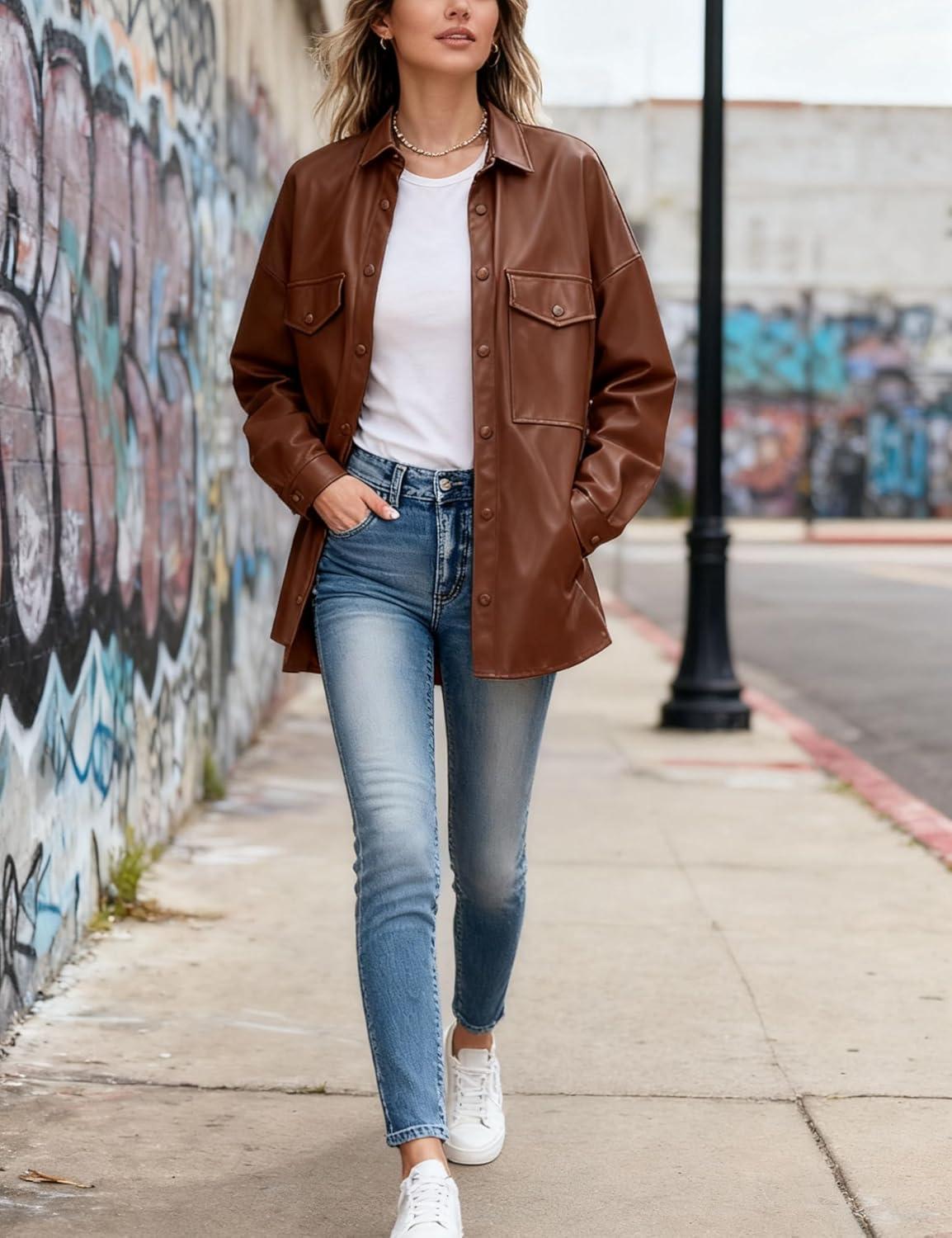 imageSeekMe Womens PU Leather Jacket Shacket Button Down Lapel Blazer Coat with Bust PocketDarkbrown