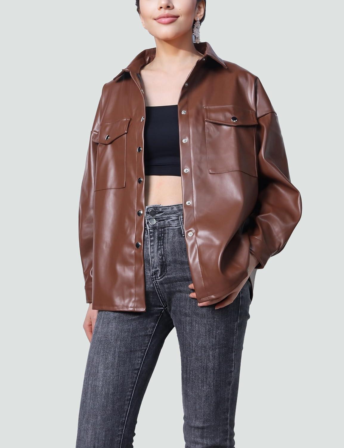 imageSeekMe Womens PU Leather Jacket Shacket Button Down Lapel Blazer Coat with Bust PocketDarkbrown