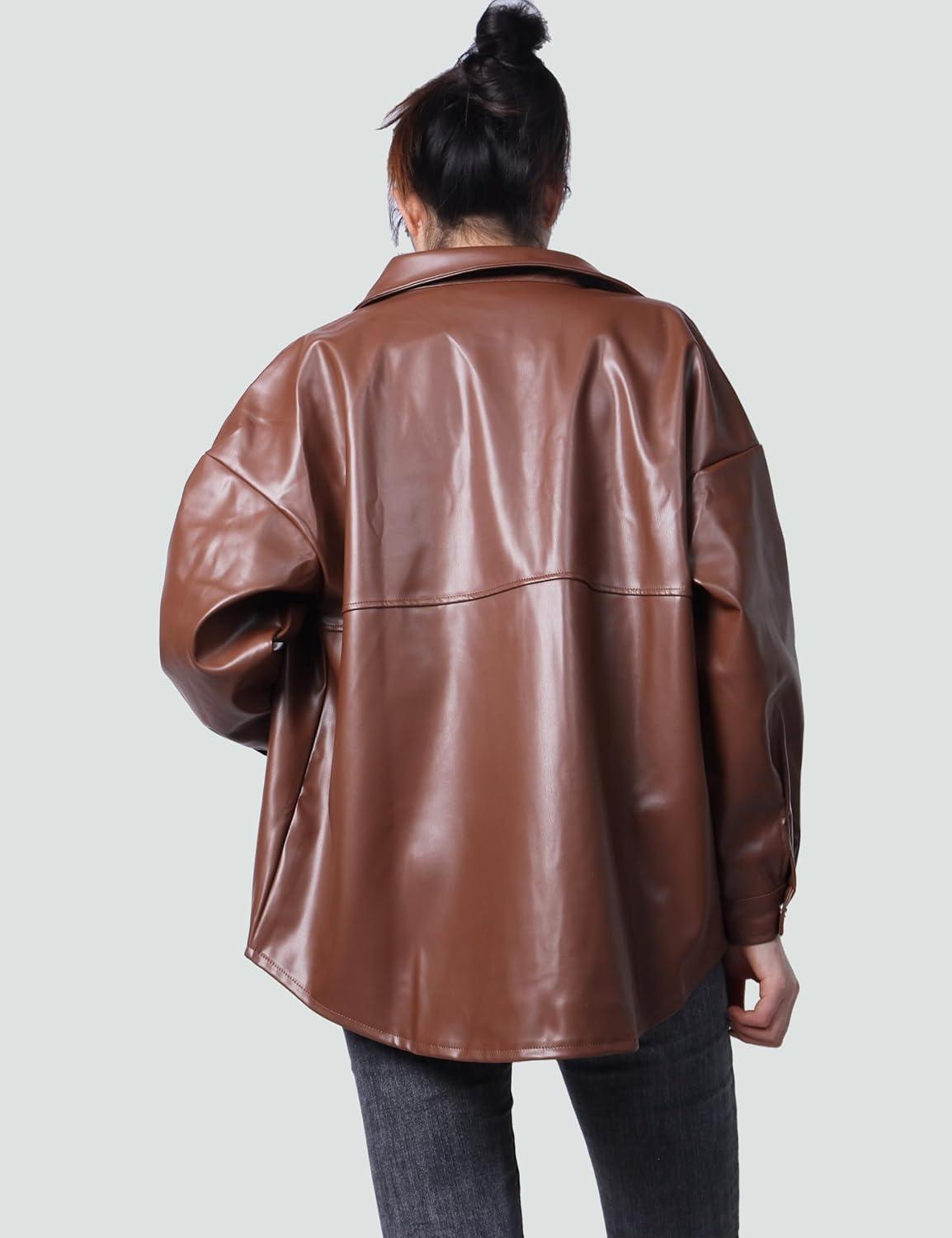 imageSeekMe Womens PU Leather Jacket Shacket Button Down Lapel Blazer Coat with Bust PocketDarkbrown