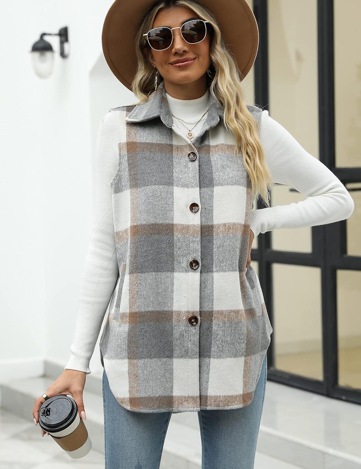 imageTanming Womens Plaid Vest Brushed Flannel Sleeveless Shacket Shirt Jacket with PocketsGrey