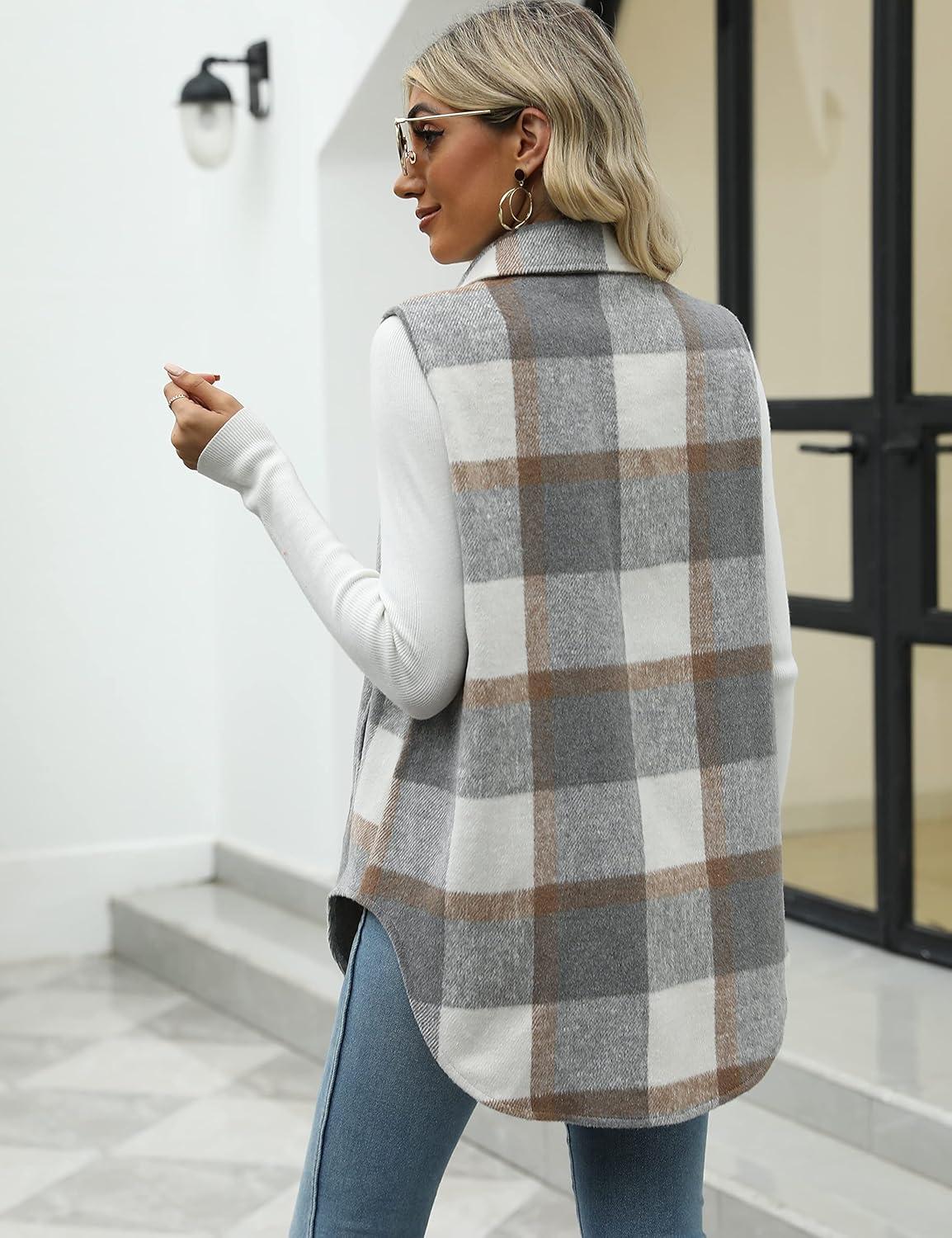 imageTanming Womens Plaid Vest Brushed Flannel Sleeveless Shacket Shirt Jacket with PocketsGrey