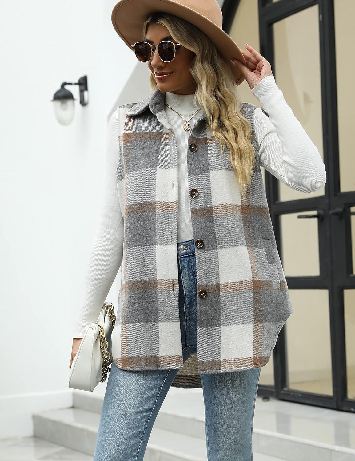 imageTanming Womens Plaid Vest Brushed Flannel Sleeveless Shacket Shirt Jacket with PocketsGrey
