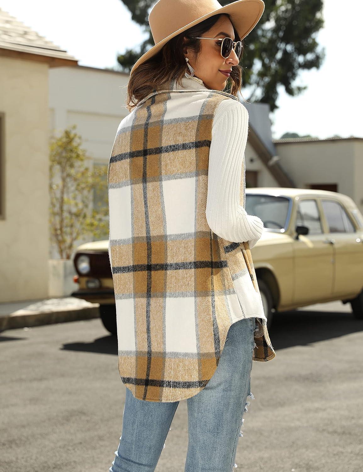 imageTanming Womens Plaid Vest Brushed Flannel Sleeveless Shacket Shirt Jacket with PocketsKhaki