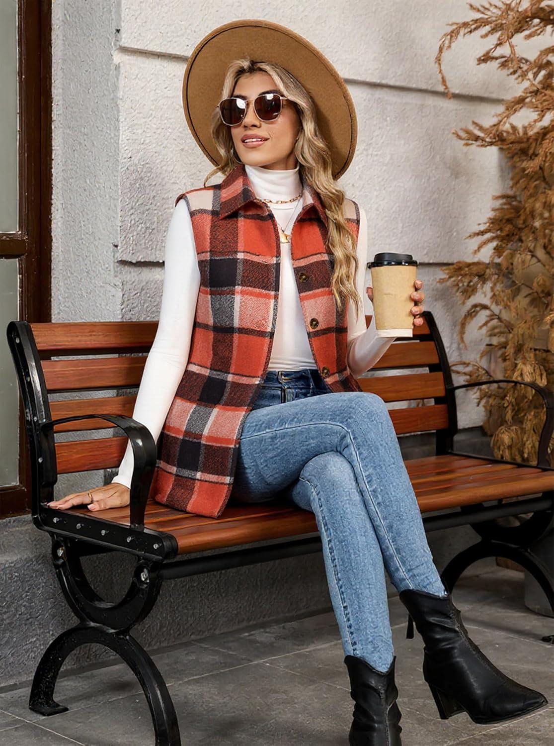 imageTanming Womens Plaid Vest Brushed Flannel Sleeveless Shacket Shirt Jacket with PocketsOrange