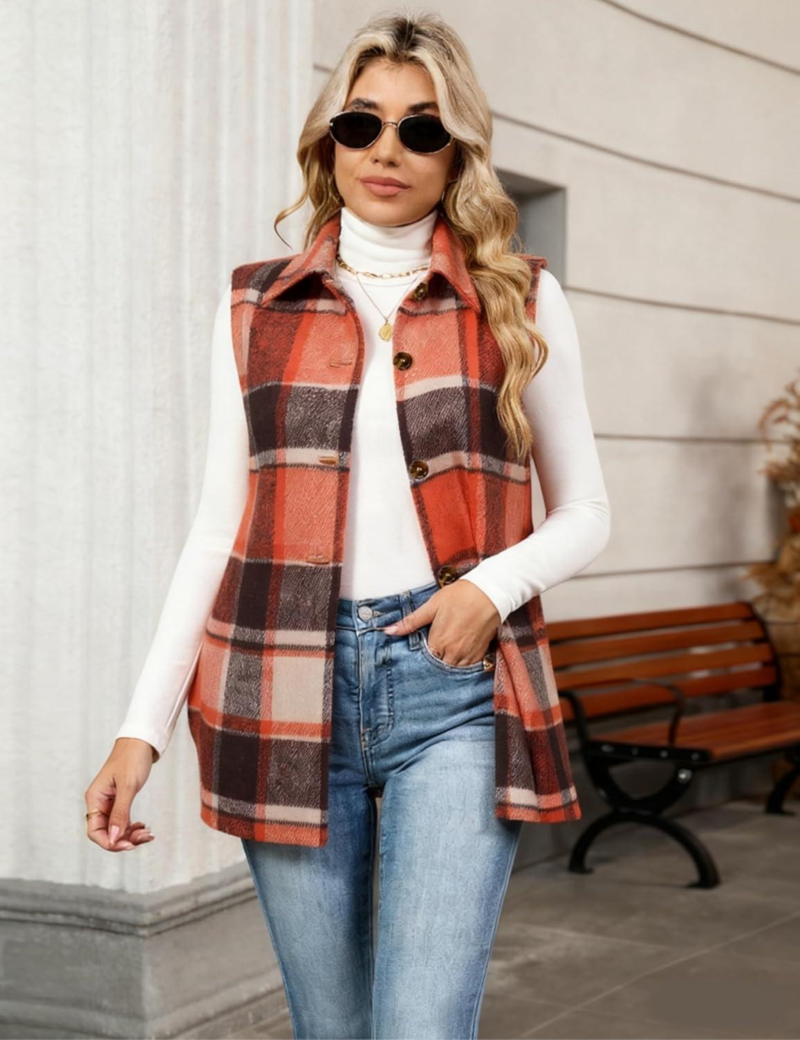 imageTanming Womens Plaid Vest Brushed Flannel Sleeveless Shacket Shirt Jacket with PocketsOrange