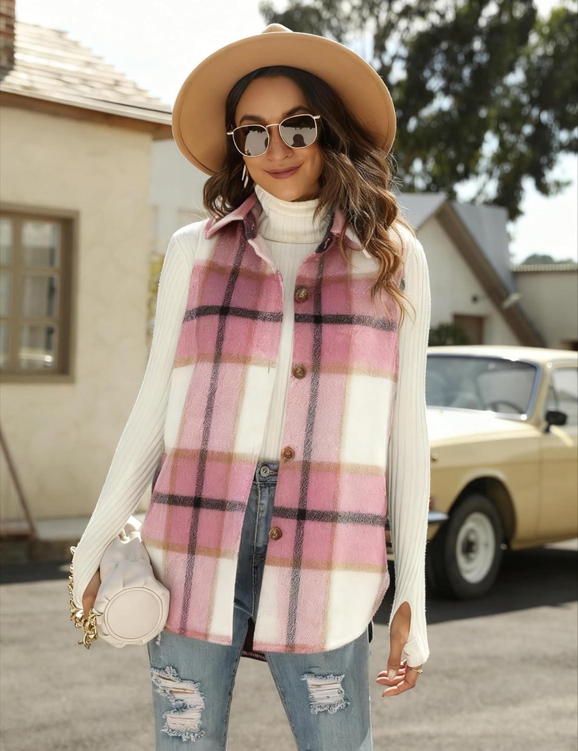 imageTanming Womens Plaid Vest Brushed Flannel Sleeveless Shacket Shirt Jacket with PocketsPink