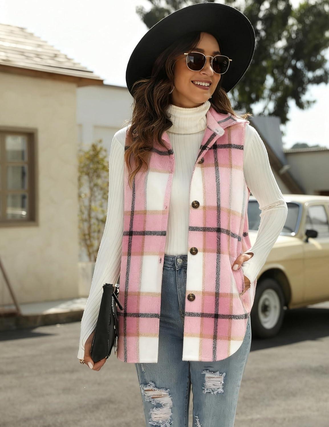 imageTanming Womens Plaid Vest Brushed Flannel Sleeveless Shacket Shirt Jacket with PocketsPink