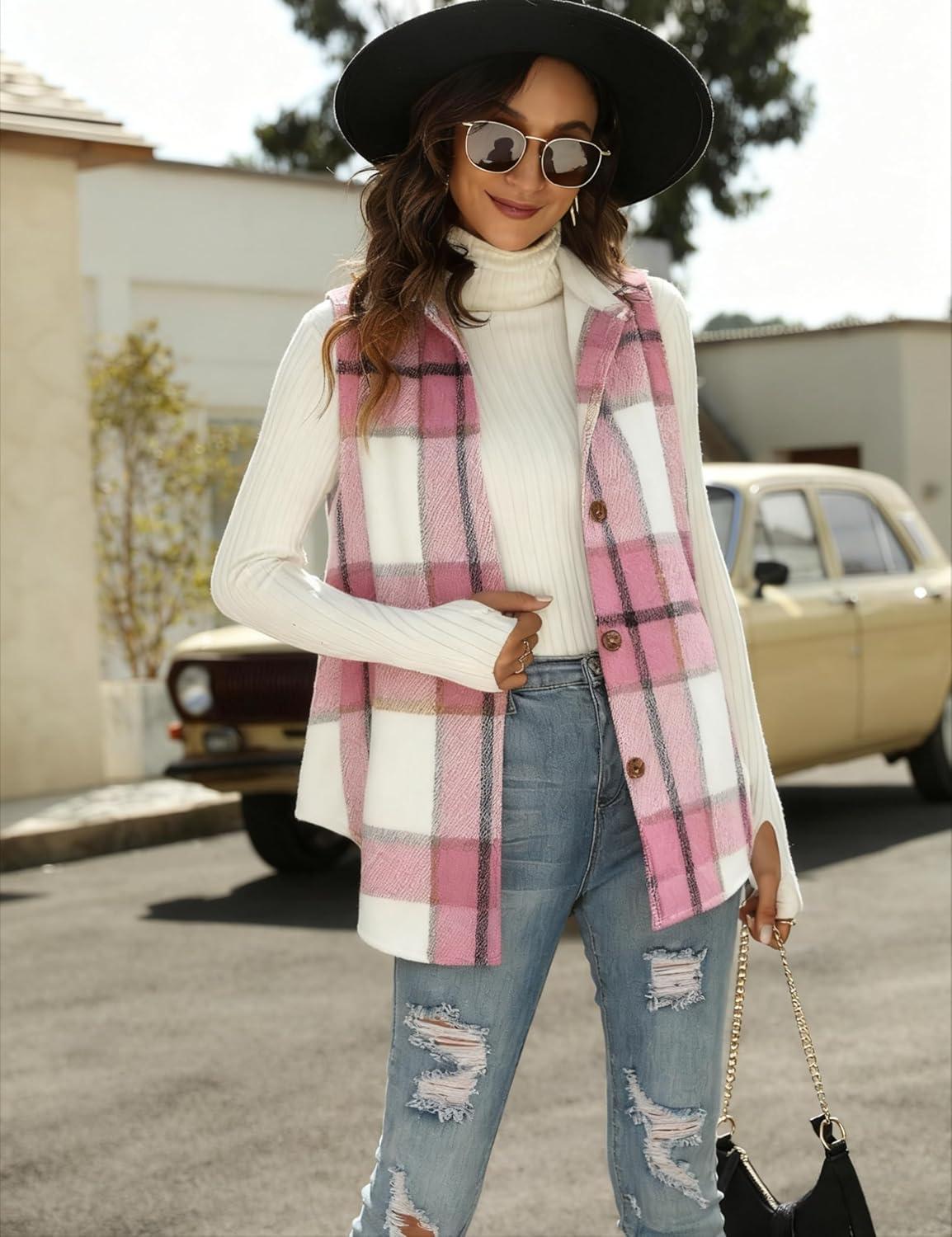 imageTanming Womens Plaid Vest Brushed Flannel Sleeveless Shacket Shirt Jacket with PocketsPink