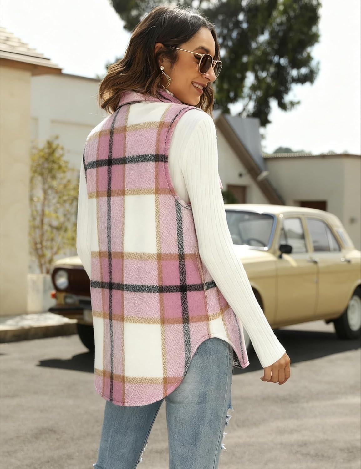 imageTanming Womens Plaid Vest Brushed Flannel Sleeveless Shacket Shirt Jacket with PocketsPink