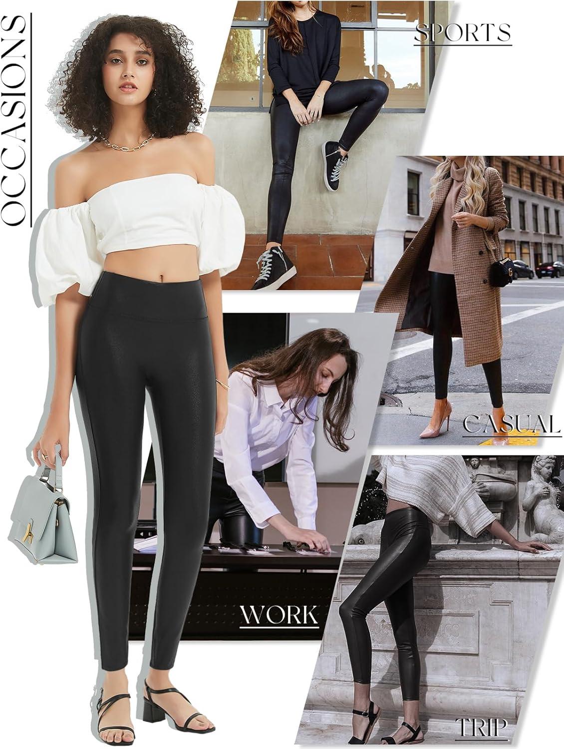 imageTapata Petite Womens 252729 Inseam Faux Leather Leggings High Waisted Pleather Yoga PantsBlack