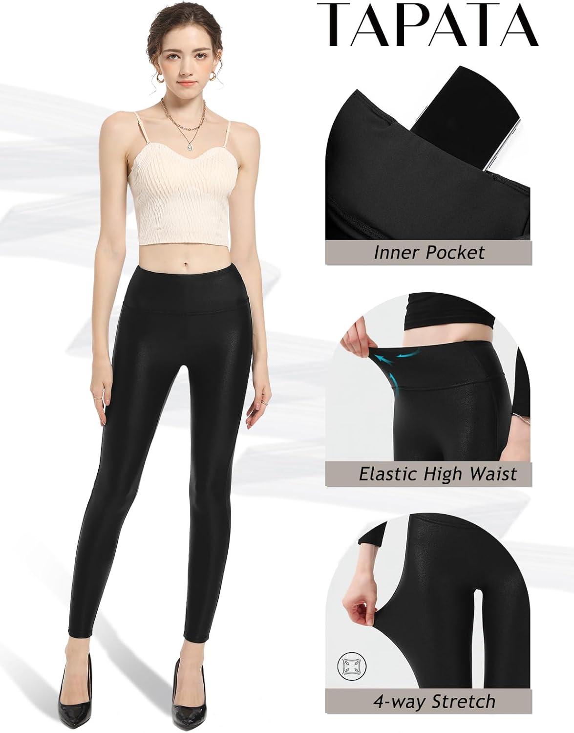 imageTapata Petite Womens 252729 Inseam Faux Leather Leggings High Waisted Pleather Yoga PantsBlack
