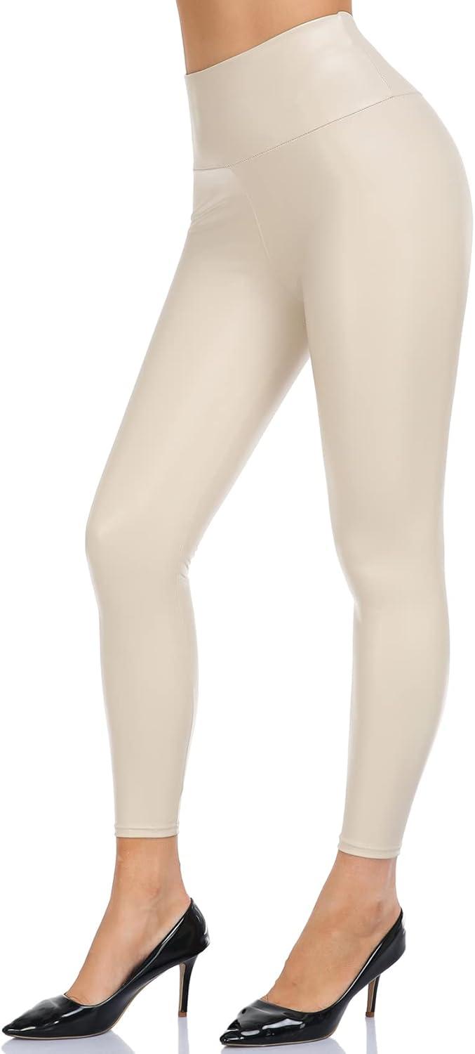 imageVOGUEMAX Womens Faux Leather Leggings High Waisted Pleather Pants for Women Black Stretchy Sexy PU TightsBeige