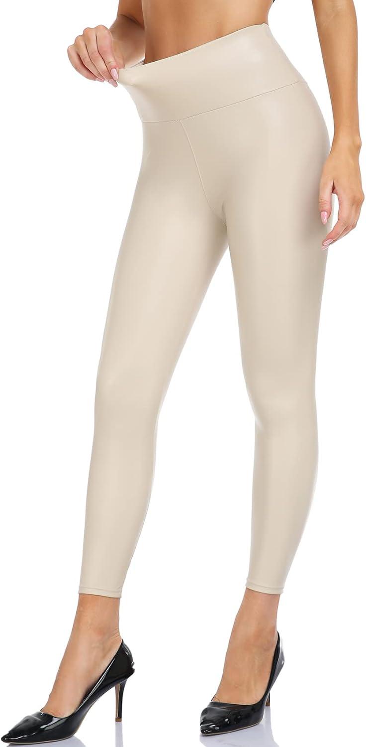 imageVOGUEMAX Womens Faux Leather Leggings High Waisted Pleather Pants for Women Black Stretchy Sexy PU TightsBeige