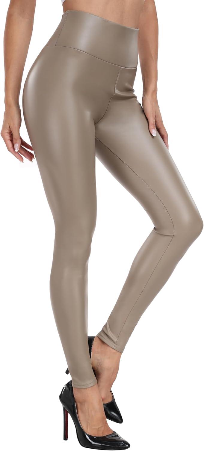 imageVOGUEMAX Womens Faux Leather Leggings High Waisted Pleather Pants for Women Black Stretchy Sexy PU TightsFleece Linedgrey Brown