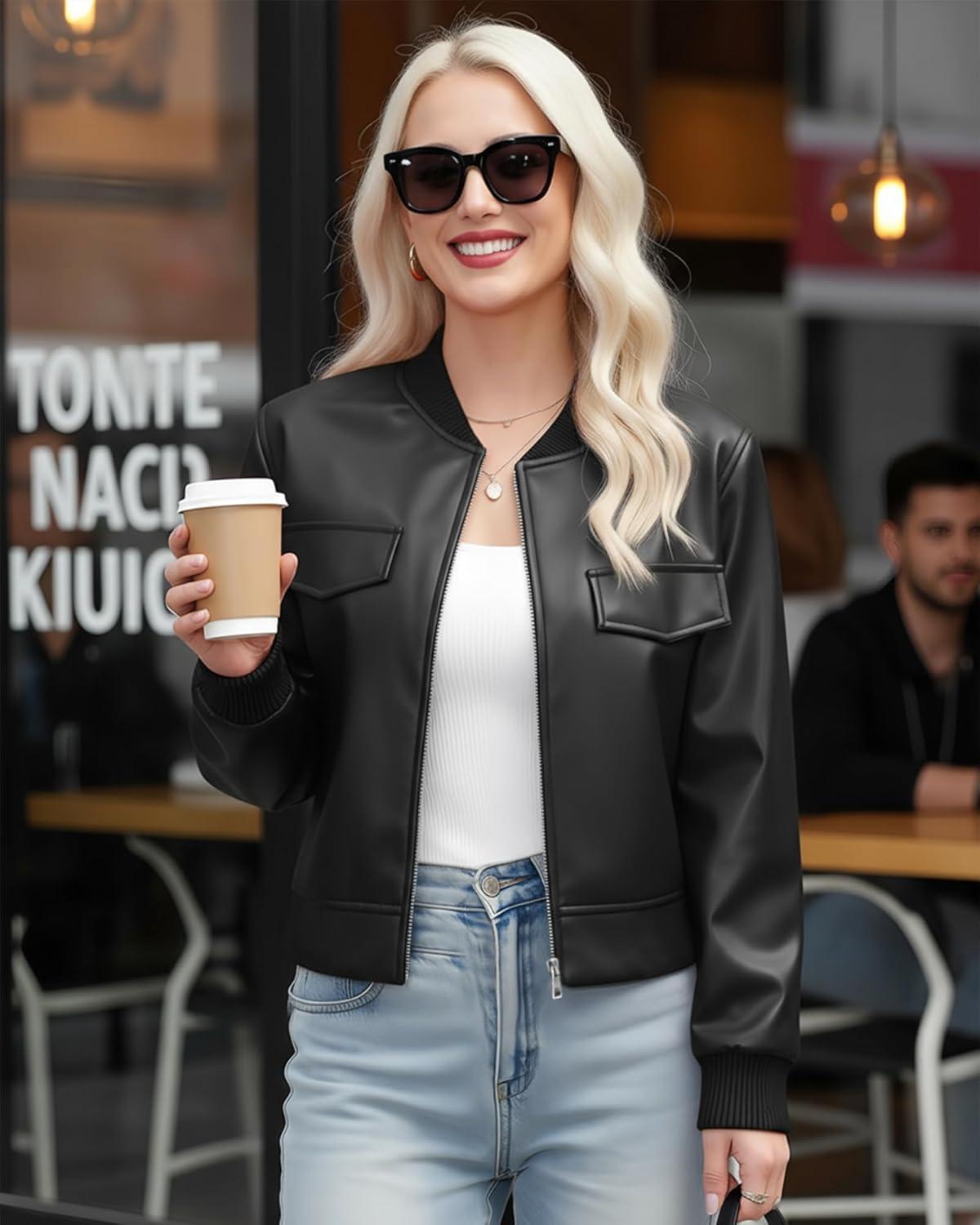 imageWomen Leather Jacket Faux Cropped Bomber Coat Cute Short for Casual Vacation Travel College Going Out Classy OutfitCharcoal Black