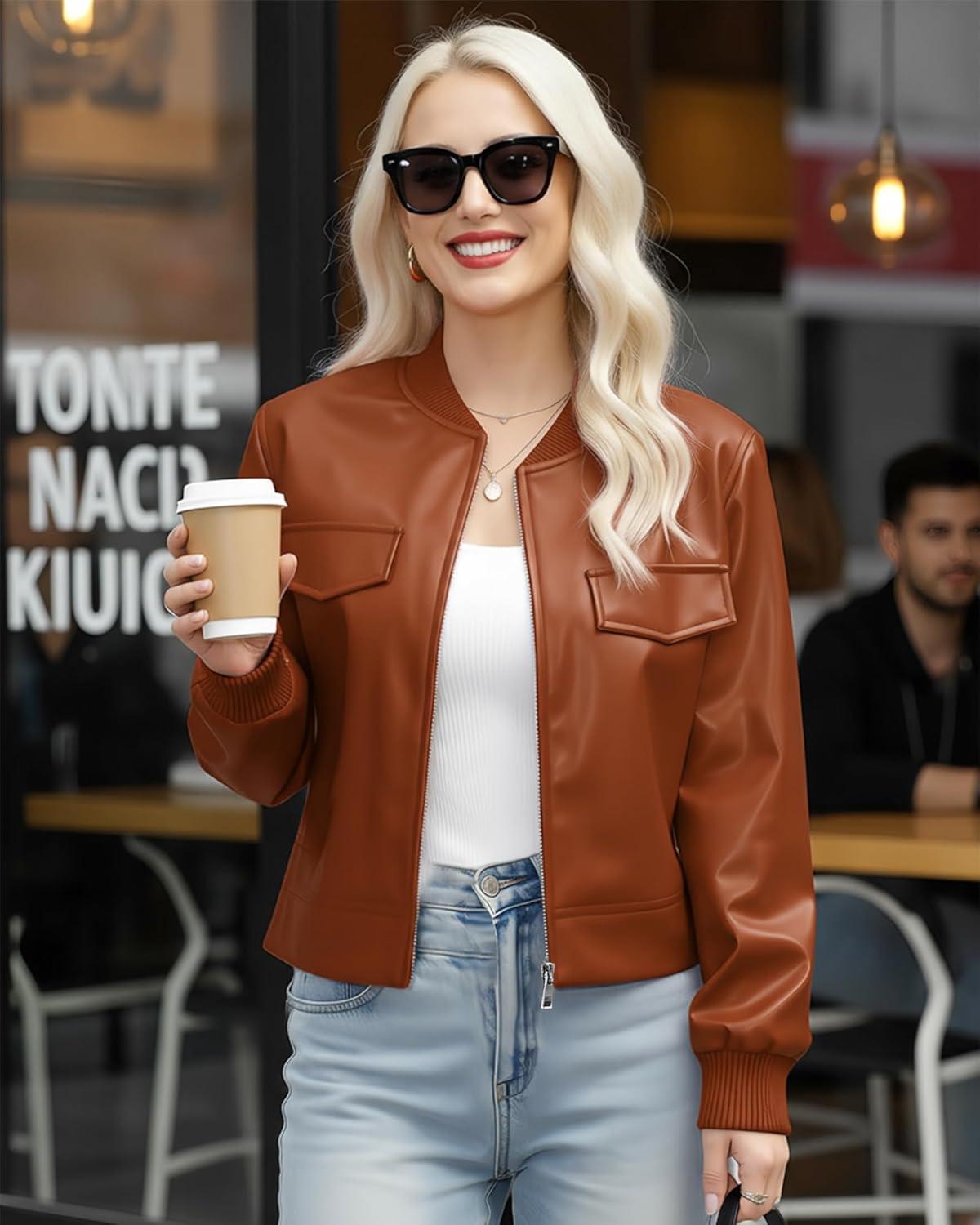 imageWomen Leather Jacket Faux Cropped Bomber Coat Cute Short for Casual Vacation Travel College Going Out Classy OutfitLight Brown