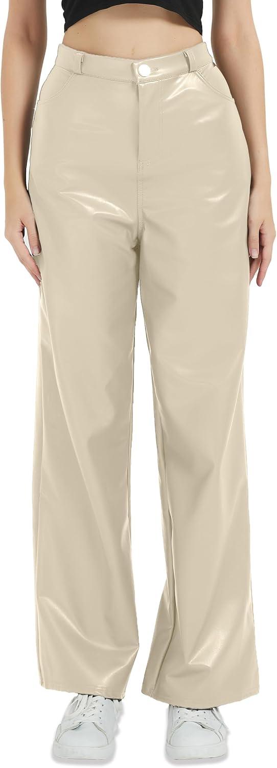 imageWomens Black Leather Pants High Waist Faux Leather Straight Leg Bell Bottom Flare PantsBeige