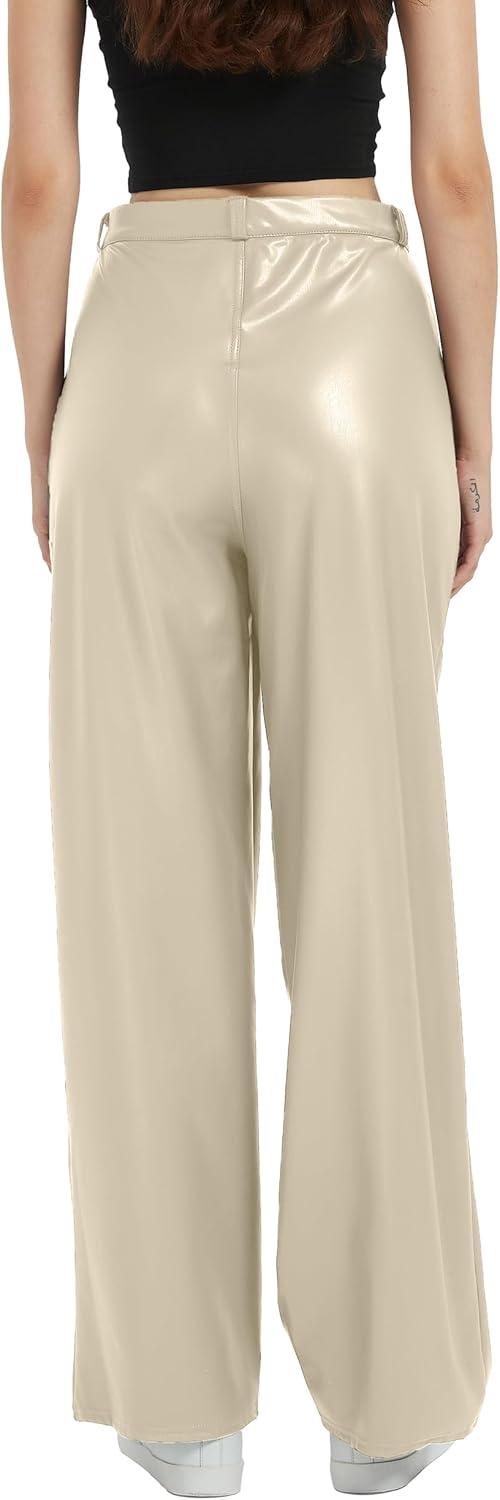 imageWomens Black Leather Pants High Waist Faux Leather Straight Leg Bell Bottom Flare PantsBeige
