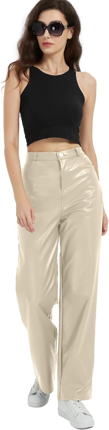 imageWomens Black Leather Pants High Waist Faux Leather Straight Leg Bell Bottom Flare PantsBeige