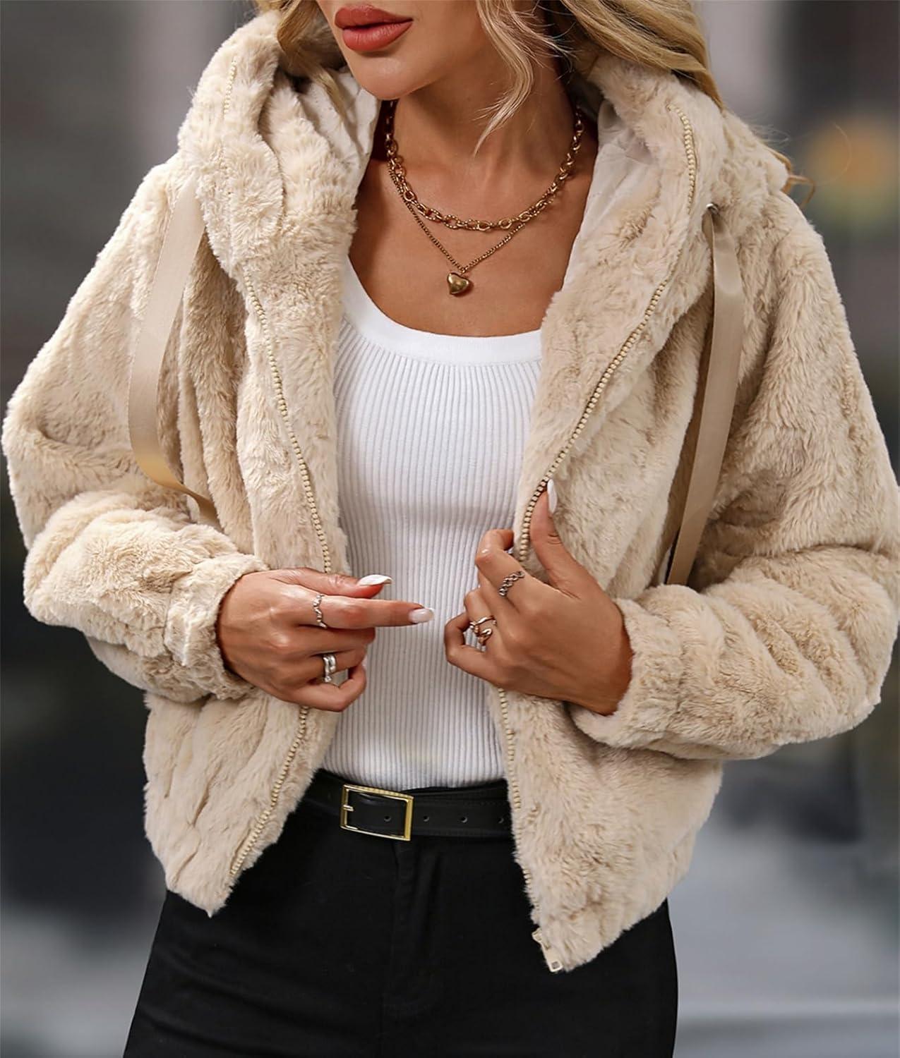 imageWomens Faux Fur Crop Coat Full Zip Fleece Sherpa Jacket with HoodApricot