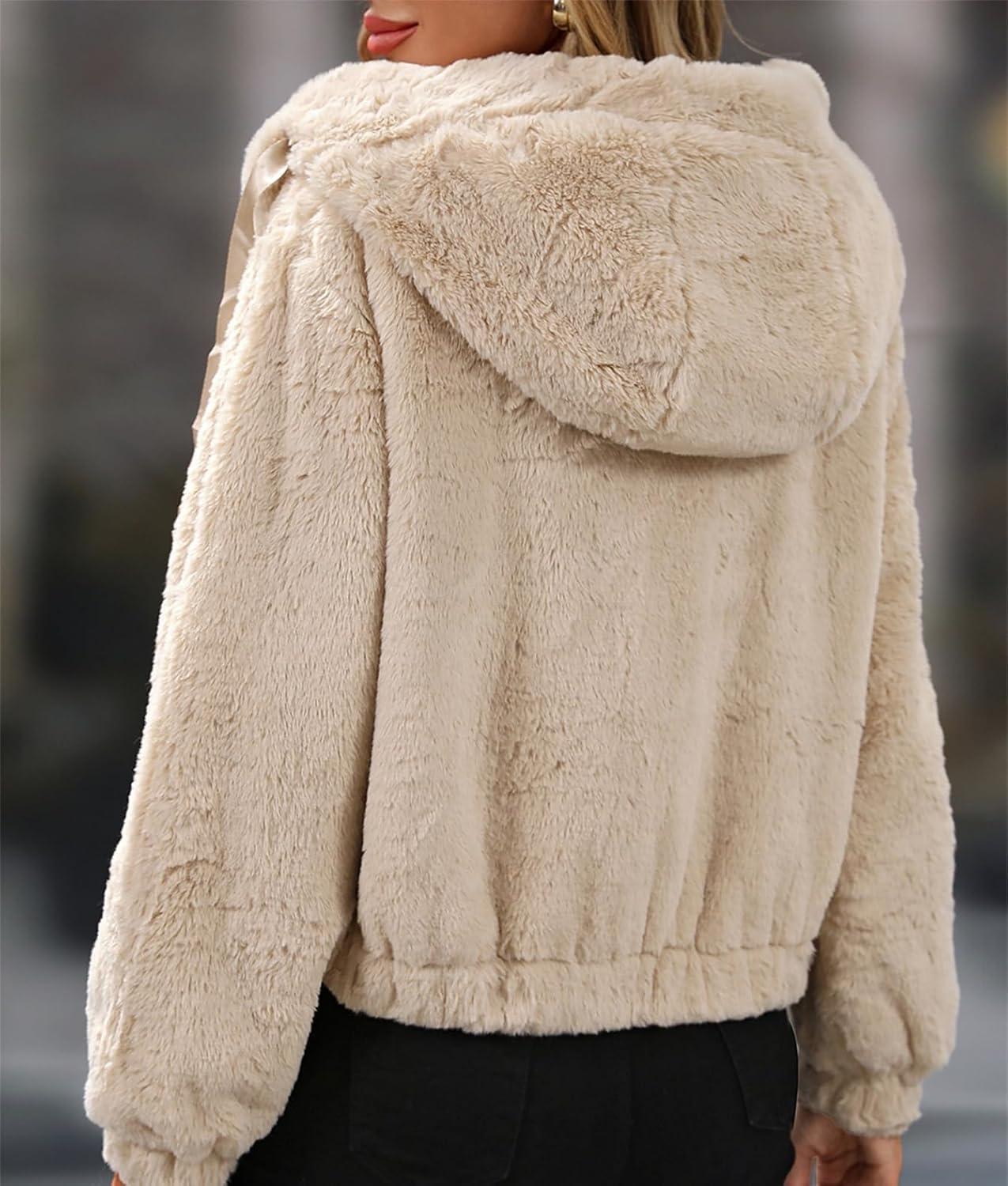 imageWomens Faux Fur Crop Coat Full Zip Fleece Sherpa Jacket with HoodApricot