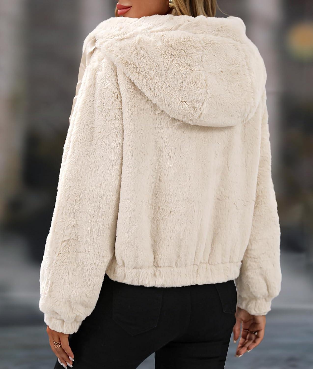 imageWomens Faux Fur Crop Coat Full Zip Fleece Sherpa Jacket with HoodBeige