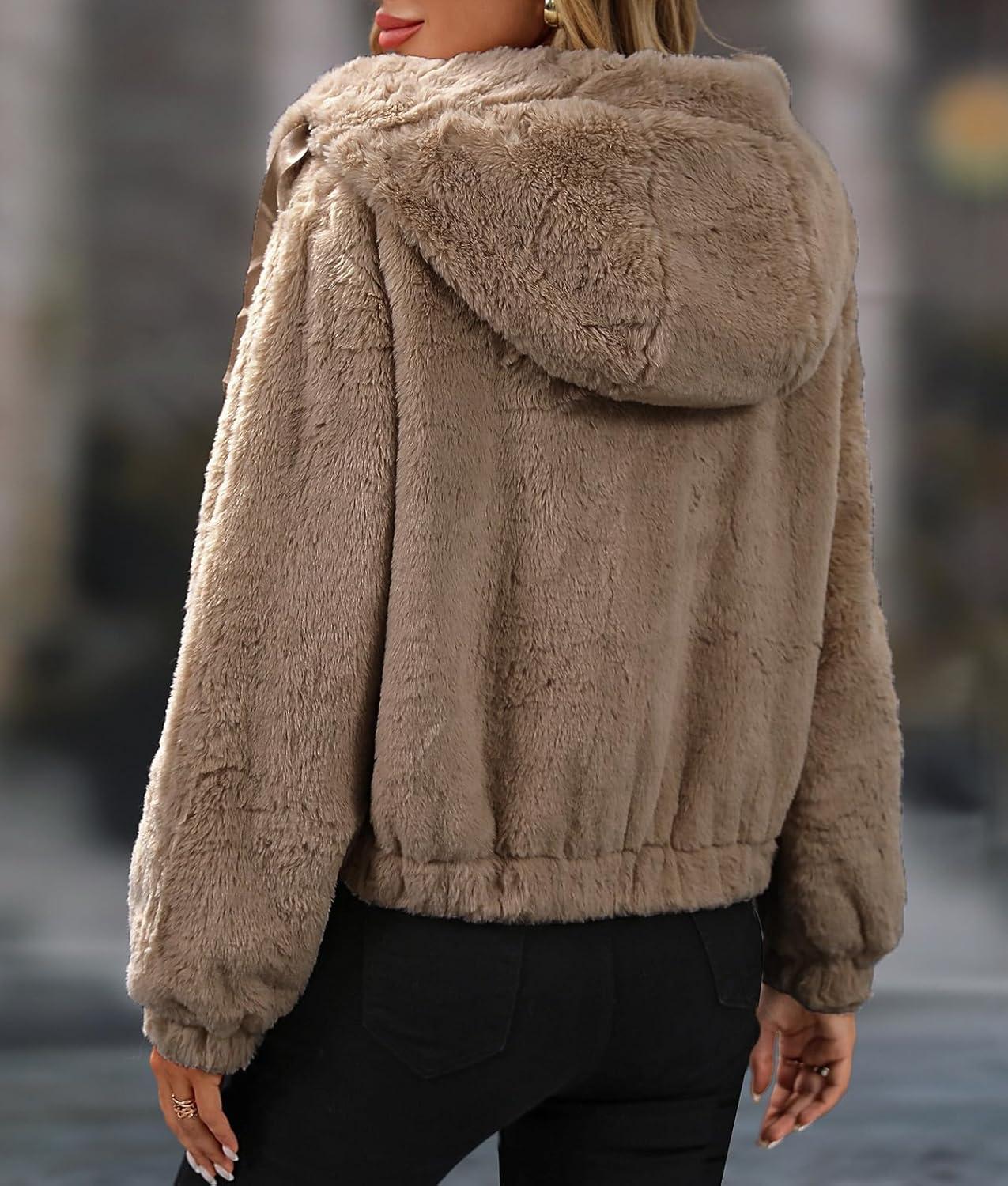 imageWomens Faux Fur Crop Coat Full Zip Fleece Sherpa Jacket with HoodCamel