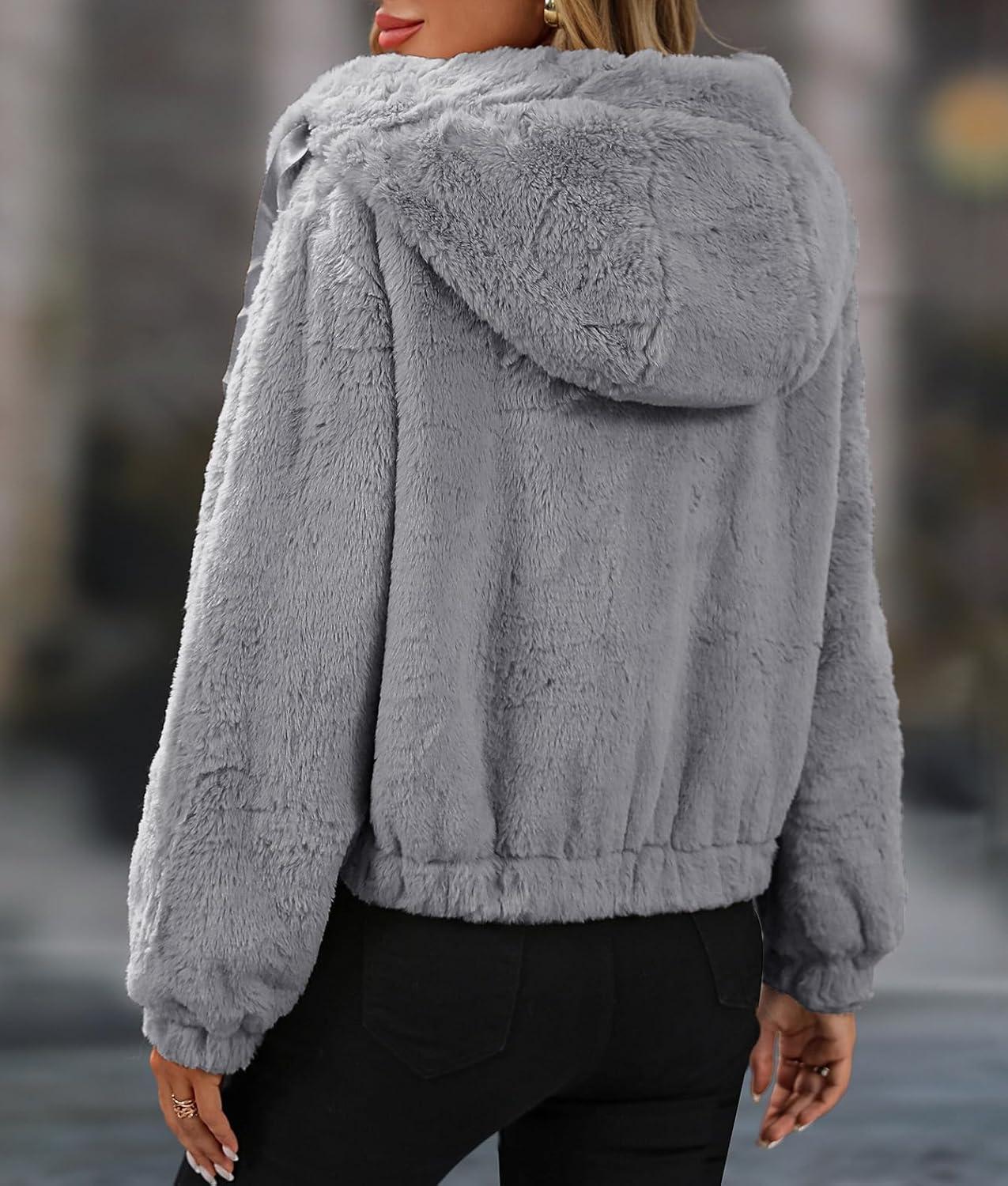imageWomens Faux Fur Crop Coat Full Zip Fleece Sherpa Jacket with HoodGrey