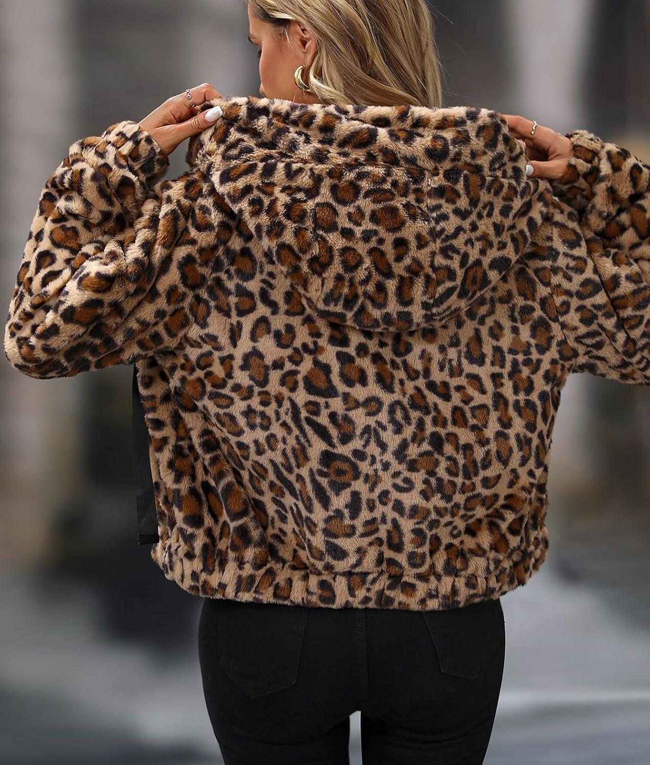 imageWomens Faux Fur Crop Coat Full Zip Fleece Sherpa Jacket with HoodLeopard