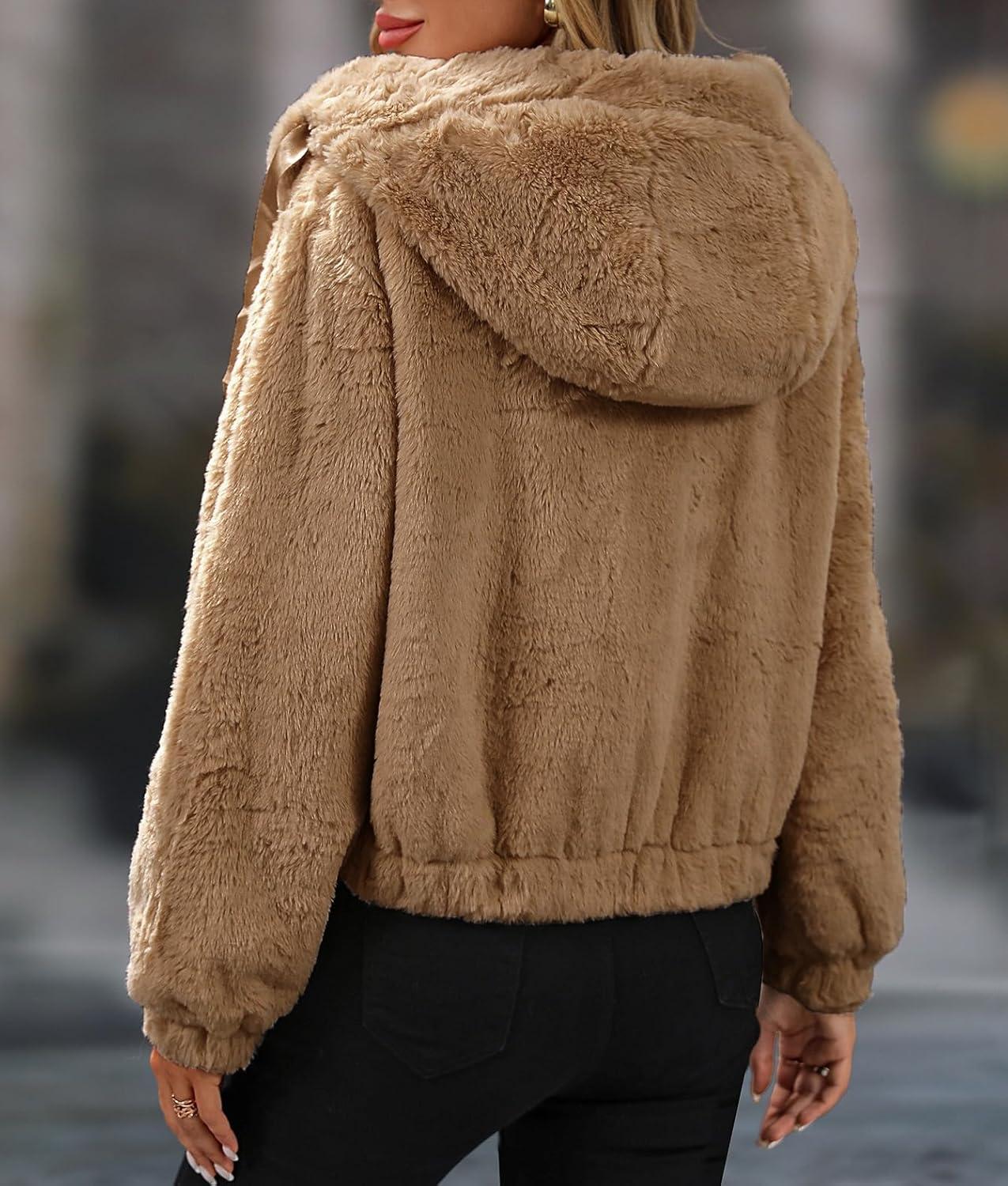 imageWomens Faux Fur Crop Coat Full Zip Fleece Sherpa Jacket with HoodYellow Brown